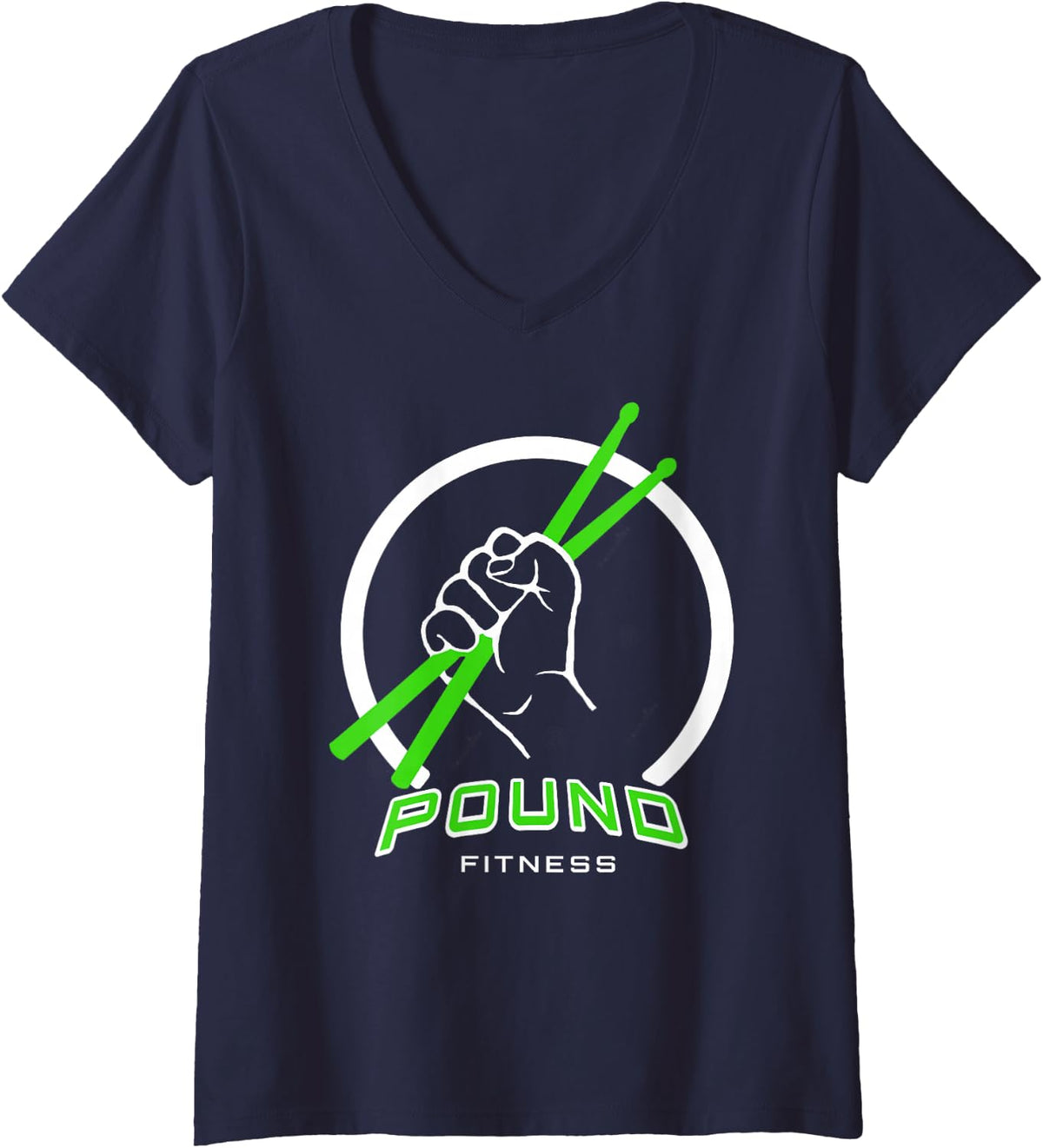 Womens Pound Fitness with Drumsticks Graphic V-Neck T-Shirt - Navy Blue