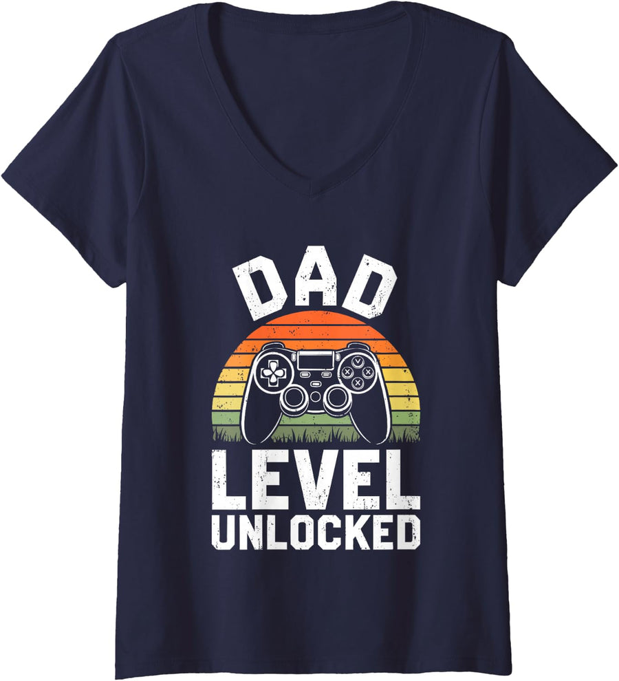 Women's Dad Level Unlocked Shirt Men New Dad Pregnancy Announcement V-Neck T-Shirt - Navy Blue