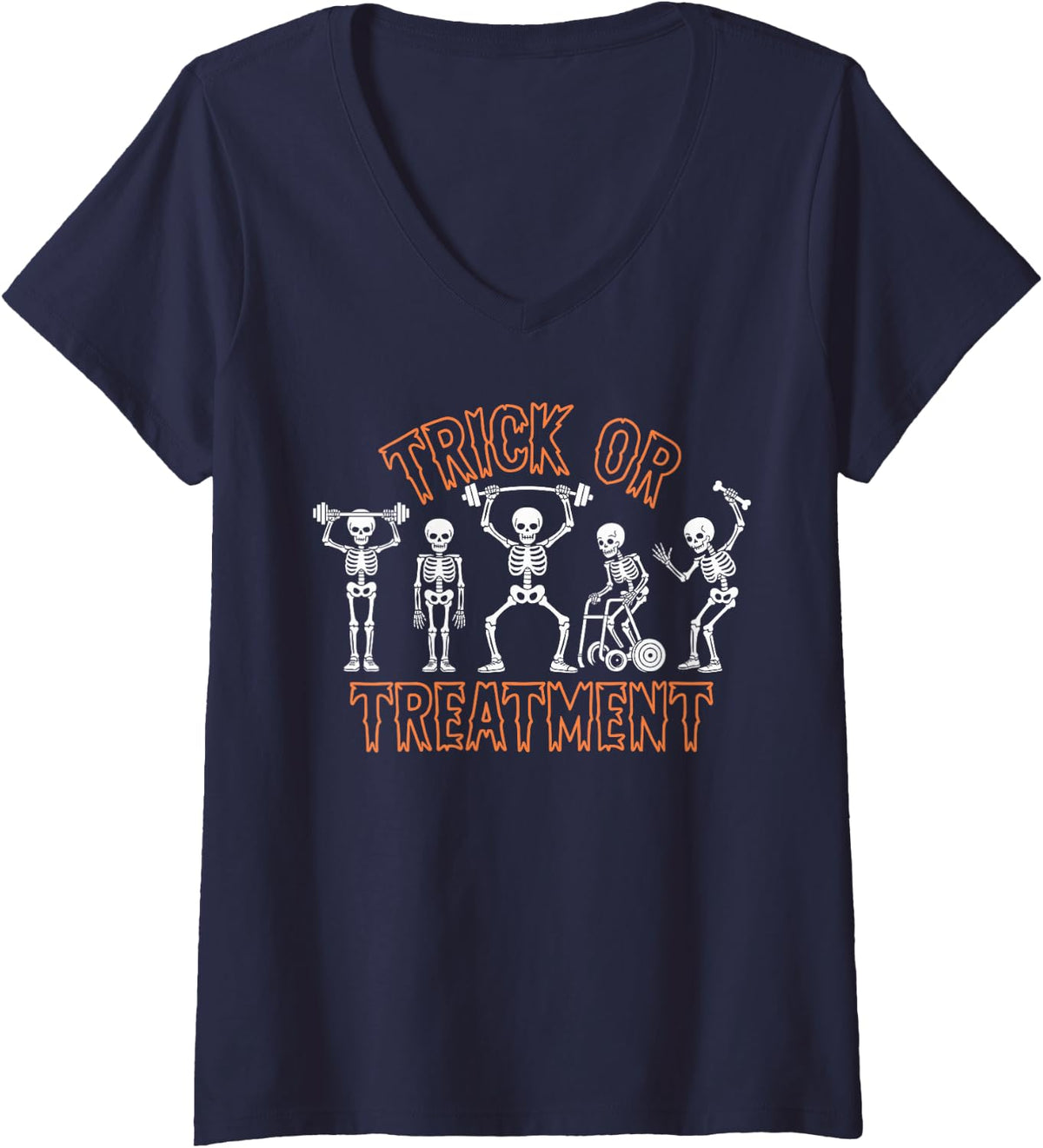 Women's Trick Or Treatment Halloween Physical Therapy Skeleton PT V-Neck T-Shirt - Navy Blue
