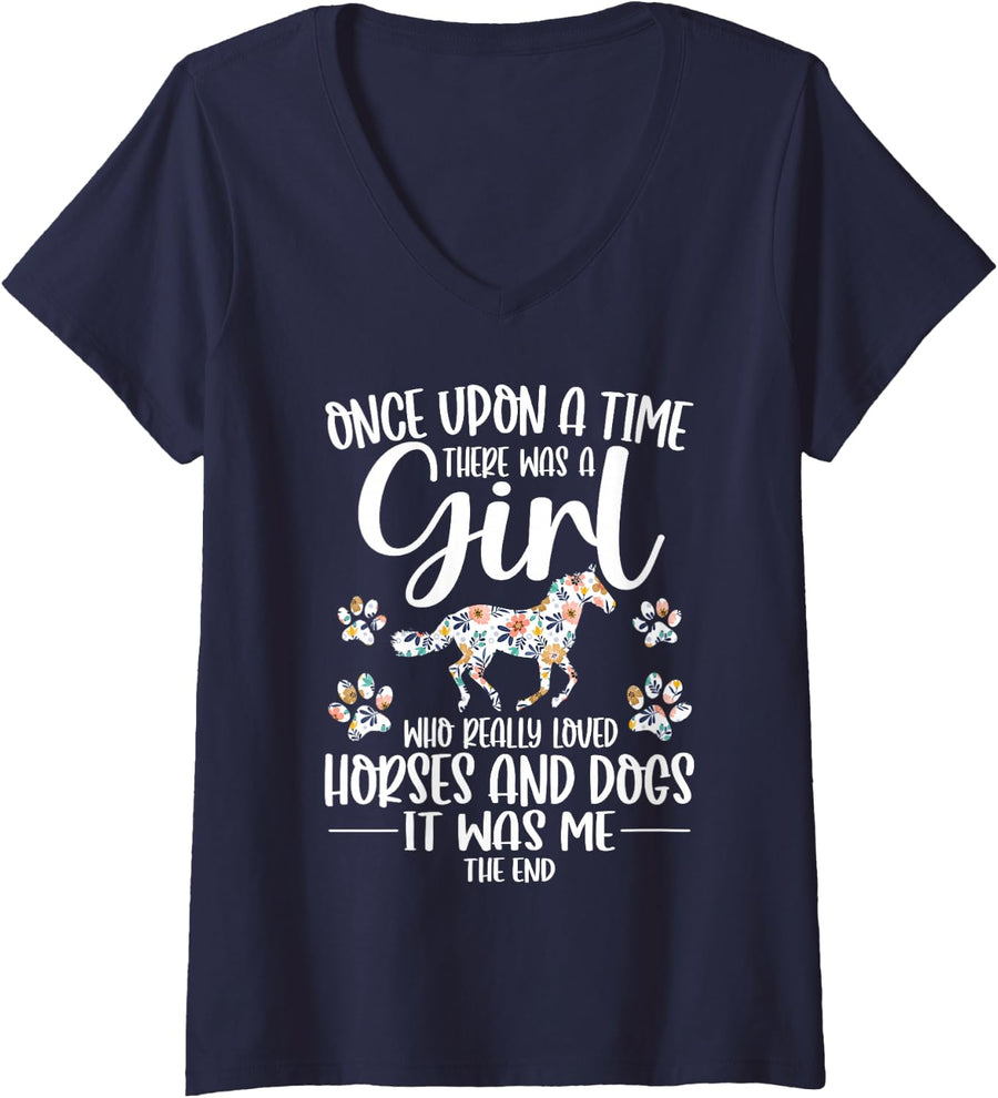 Women's Once Upon A Time Girl Loved Horses and Dogs Animal Lover V-Neck T-Shirt - Navy Blue