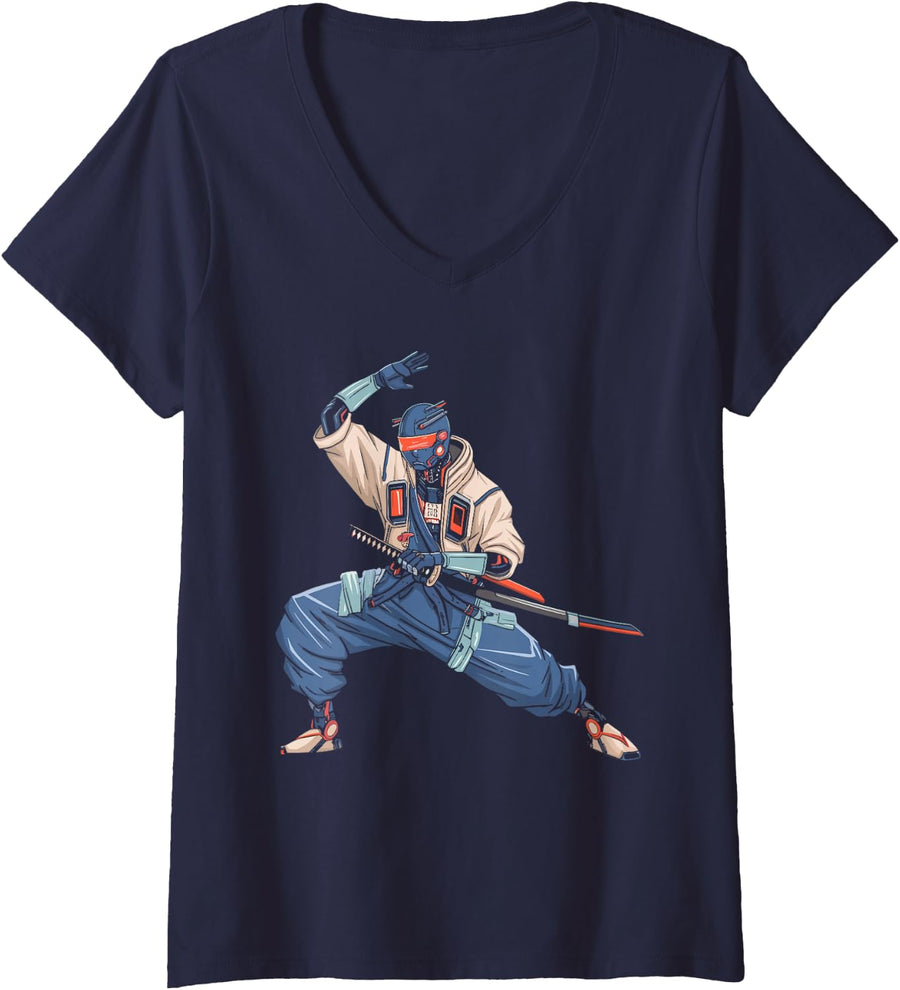 Women's Retro Oni Cyberpunk Samurai Arts Bushido Warrior V-Neck T-Shirt - Navy Blue
