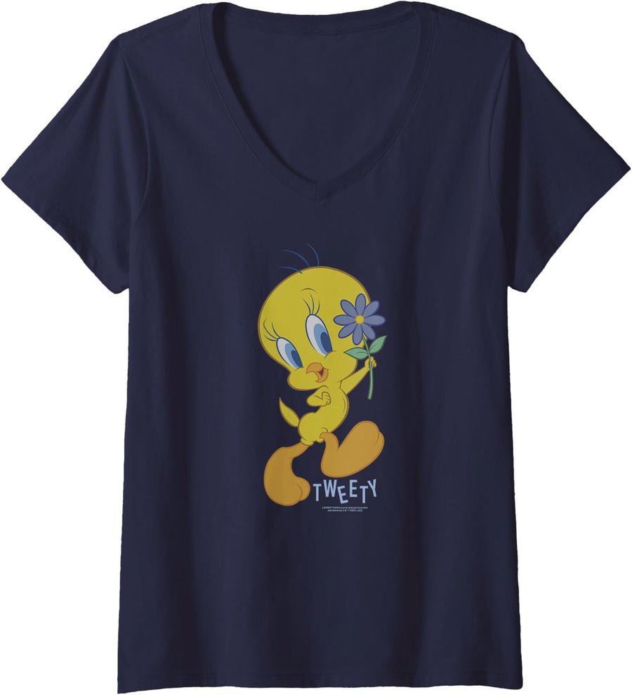Womens Looney Tunes Tweety Flower V-Neck T-Shirt - Navy Blue