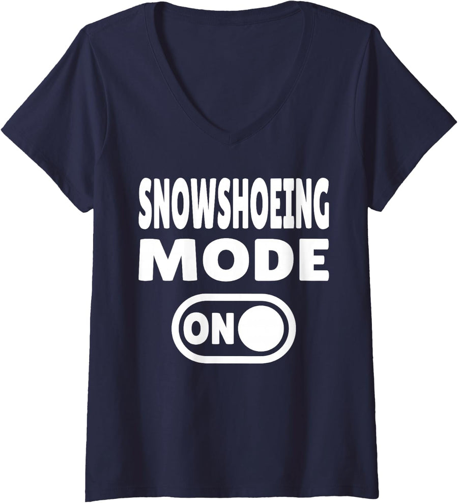 Women's Snowshoeing Mode ON | Winter Hiking Adventure V-Neck T-Shirt - Navy Blue