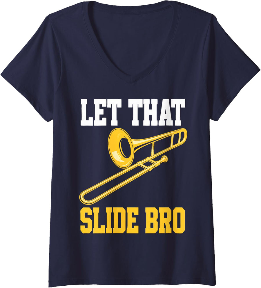 Women's Trombone Player Brass Music Bone Player V-Neck T-Shirt - Navy Blue
