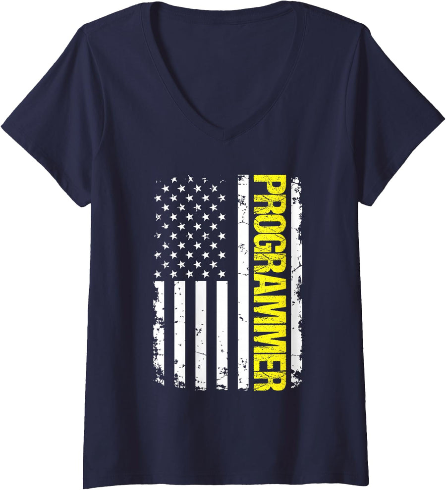 Women's Programmer USA Flag V-Neck T-Shirt - Navy Blue