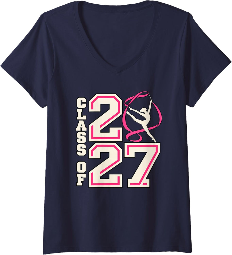 Women's Gymnastics Senior Night Class of 2027 V-Neck T-Shirt - Navy Blue
