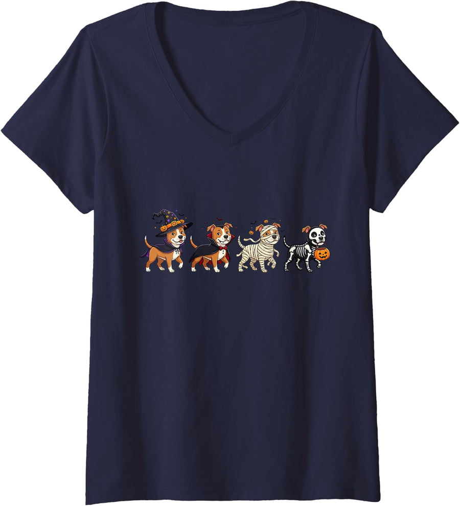 Women's American Staffordshire Terrier Witch Vampire Ghost Halloween V-Neck T-Shirt - Navy Blue
