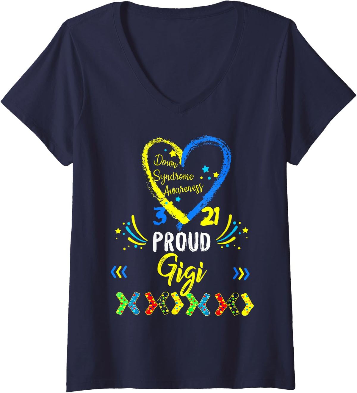 Women's Proud Gigi T21 Down Syndrome Awareness Day Ribbon V-Neck T-Shirt - Navy Blue