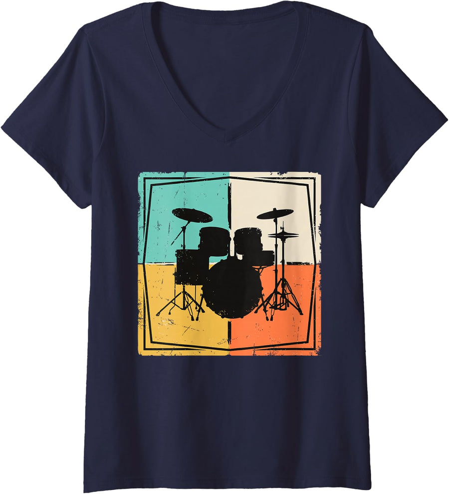 Women's Retro Drummer Drum Set Drums Percussion Musician Music Band V-Neck T-Shirt - Navy Blue