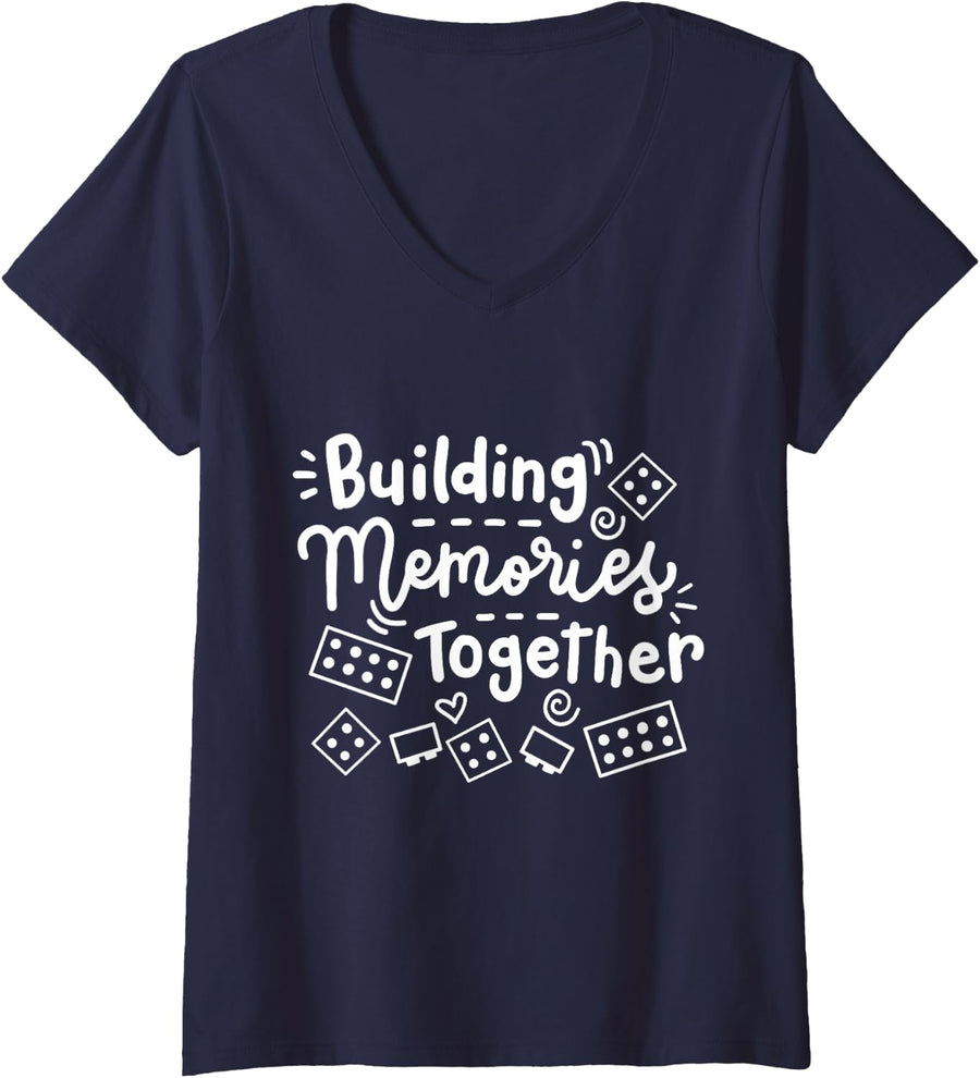 Womens Building Memories Together Bricks Lover Master Builder Women V-Neck T-Shirt - Navy Blue