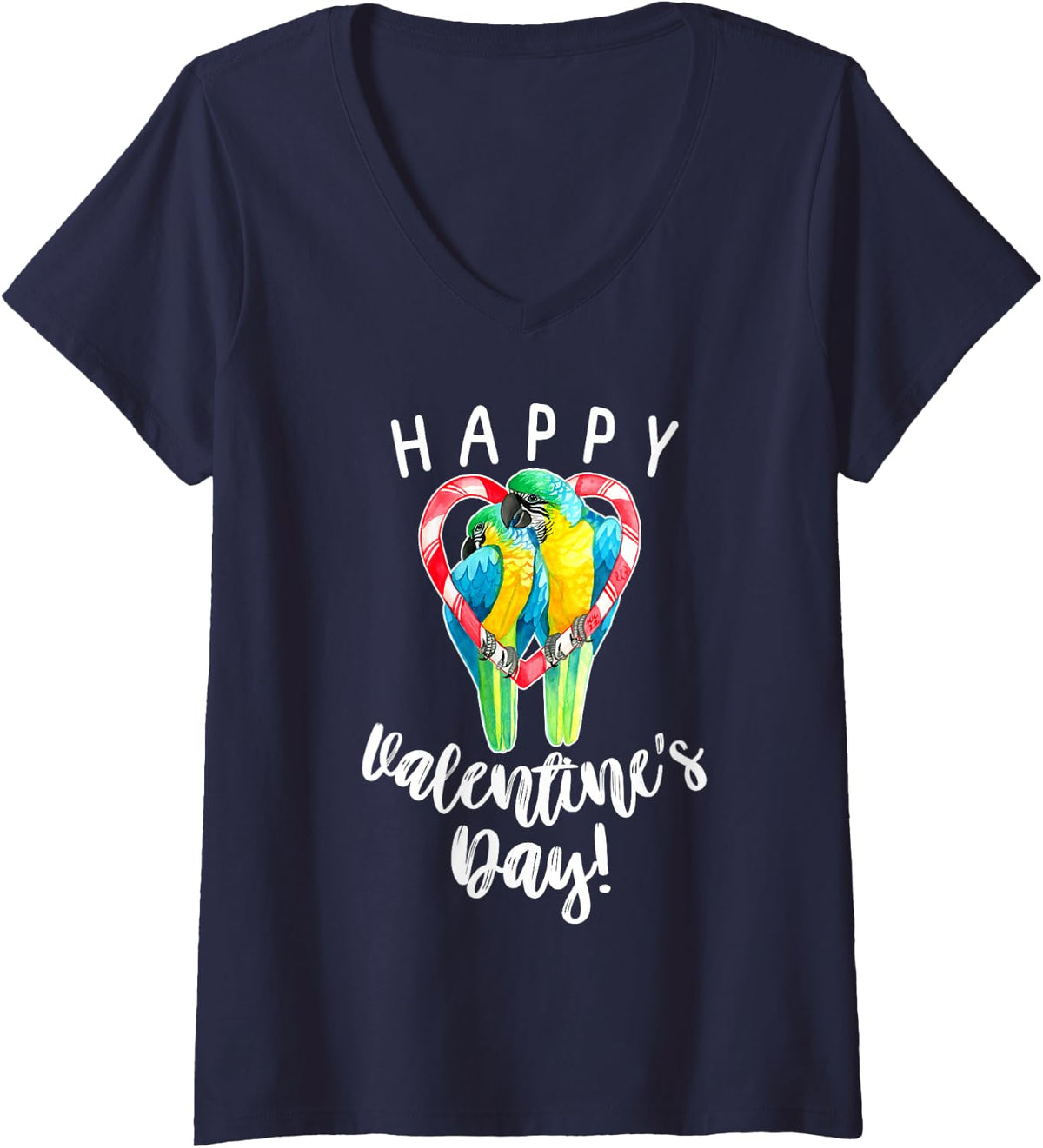 Women's Happy Valentine's Day Blue and Gold Macaw Parrot Couple V-Neck T-Shirt - Navy Blue