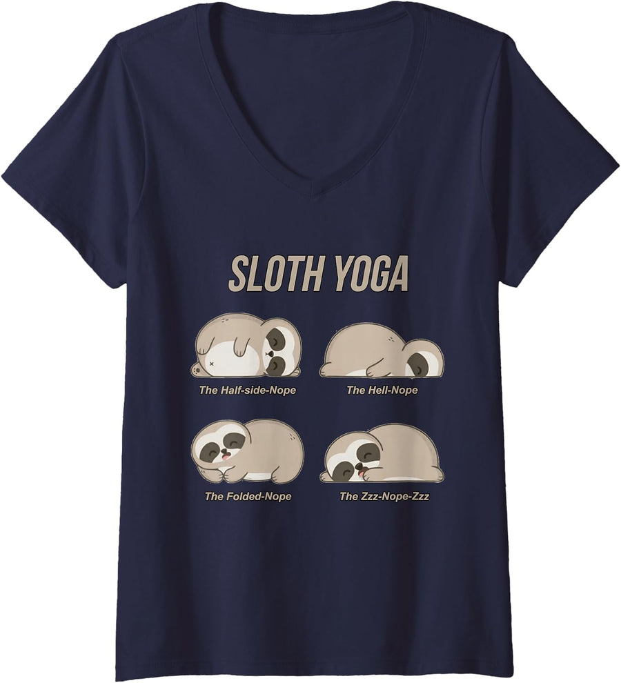 Women's Sloth Yoga V-Neck T-Shirt - Navy Blue