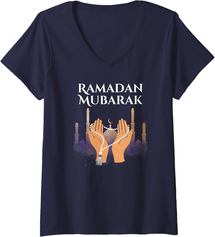 Women's Ramadan Mubarak Kareem, Happy Ramadan Karim V-Neck T-Shirt - Navy Blue