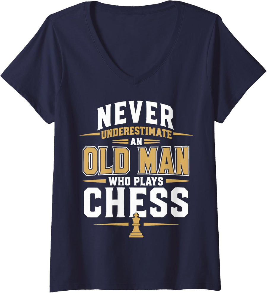 Women's Man Chess Player Dad Checkmate Grandpa Chess V-Neck T-Shirt - Navy Blue