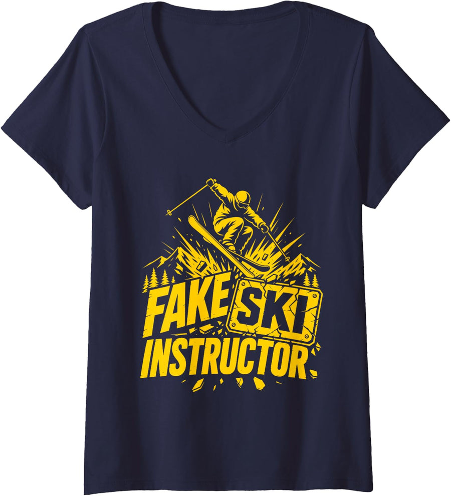 Women's Skiing Coach Fake SKI Instructor Funny Apres-Ski V-Neck T-Shirt - Navy Blue