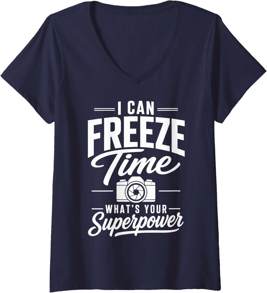Women's Photography Camera Funny Photographer V-Neck T-Shirt - Navy Blue
