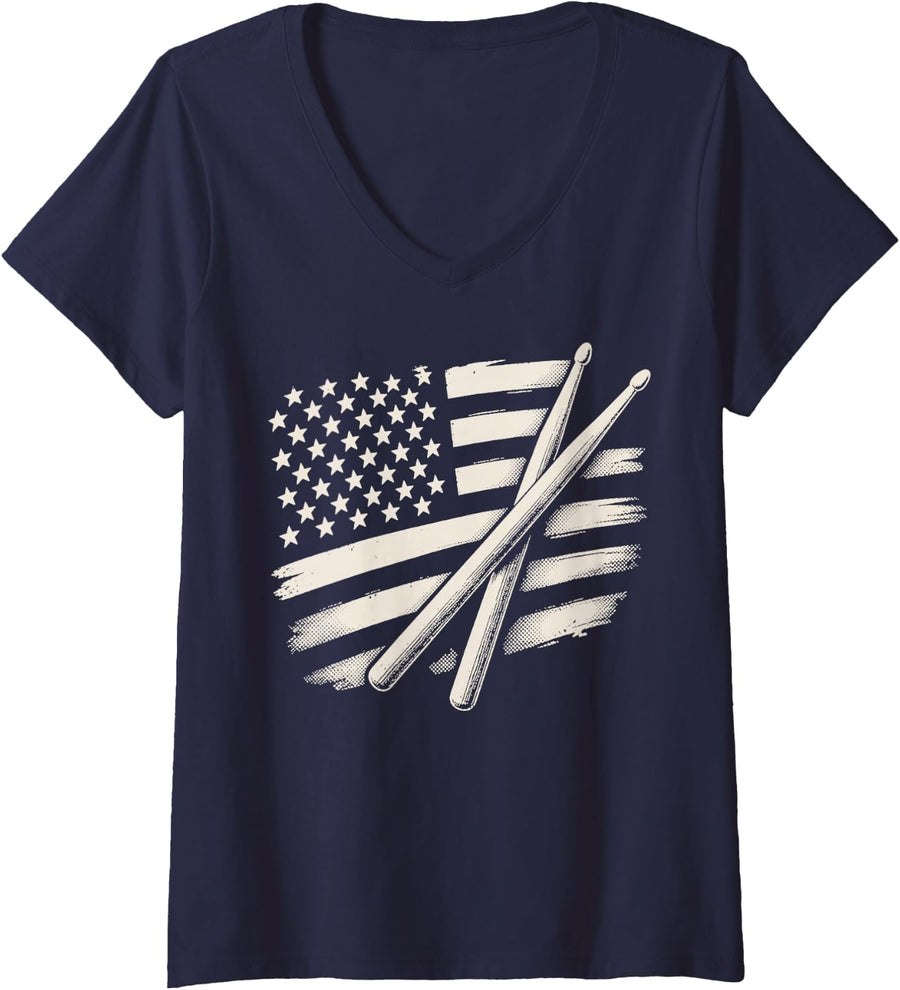 Women's Drummer Percussion American Drumming V-Neck T-Shirt - Navy Blue