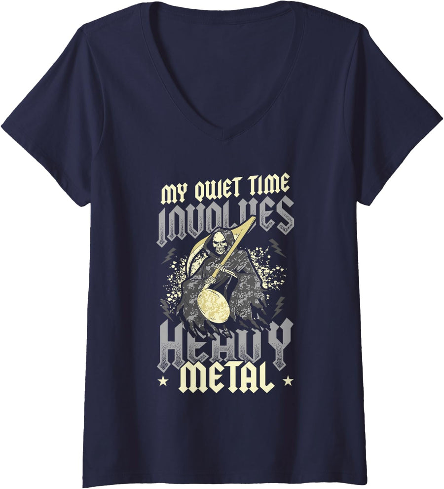 Women's My Quiet Time Involves Heavy Metal V-Neck T-Shirt - Navy Blue