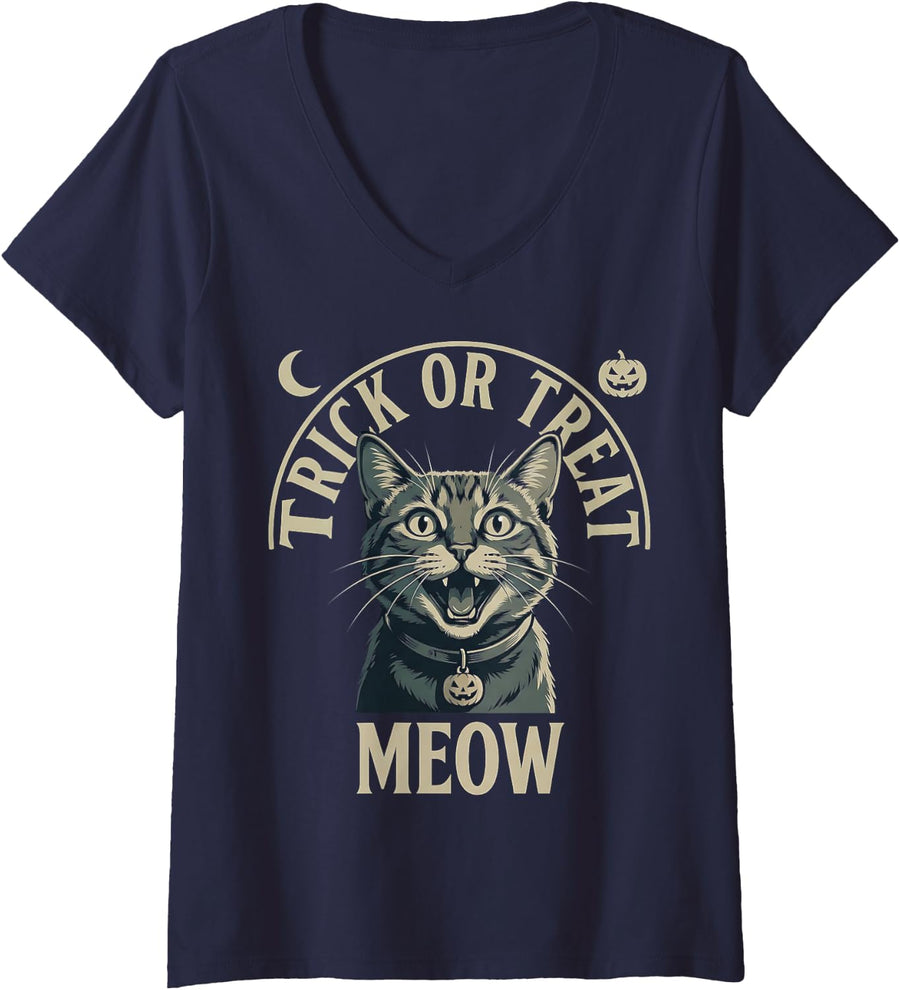 Women's Spooky Halloween Pumpkin Tabby Cat Horror Jack O Lanterns V-Neck T-Shirt - Navy Blue