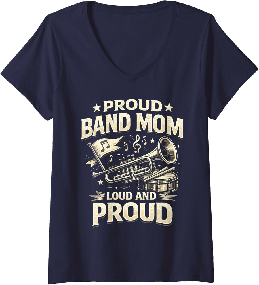 Women's Band Mom Trumpet Marching Band Proud Parent Music Mother V-Neck T-Shirt - Navy Blue