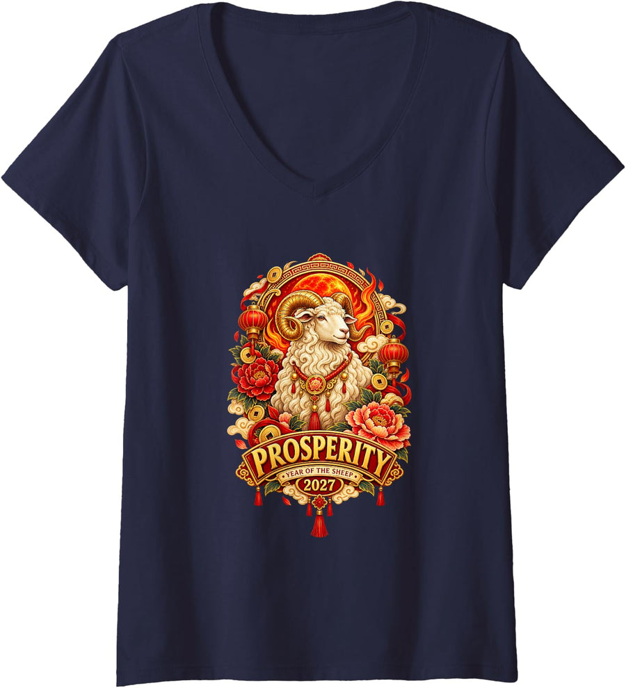 Women's Prosperity in the Year of the Sheep V-Neck T-Shirt - Navy Blue