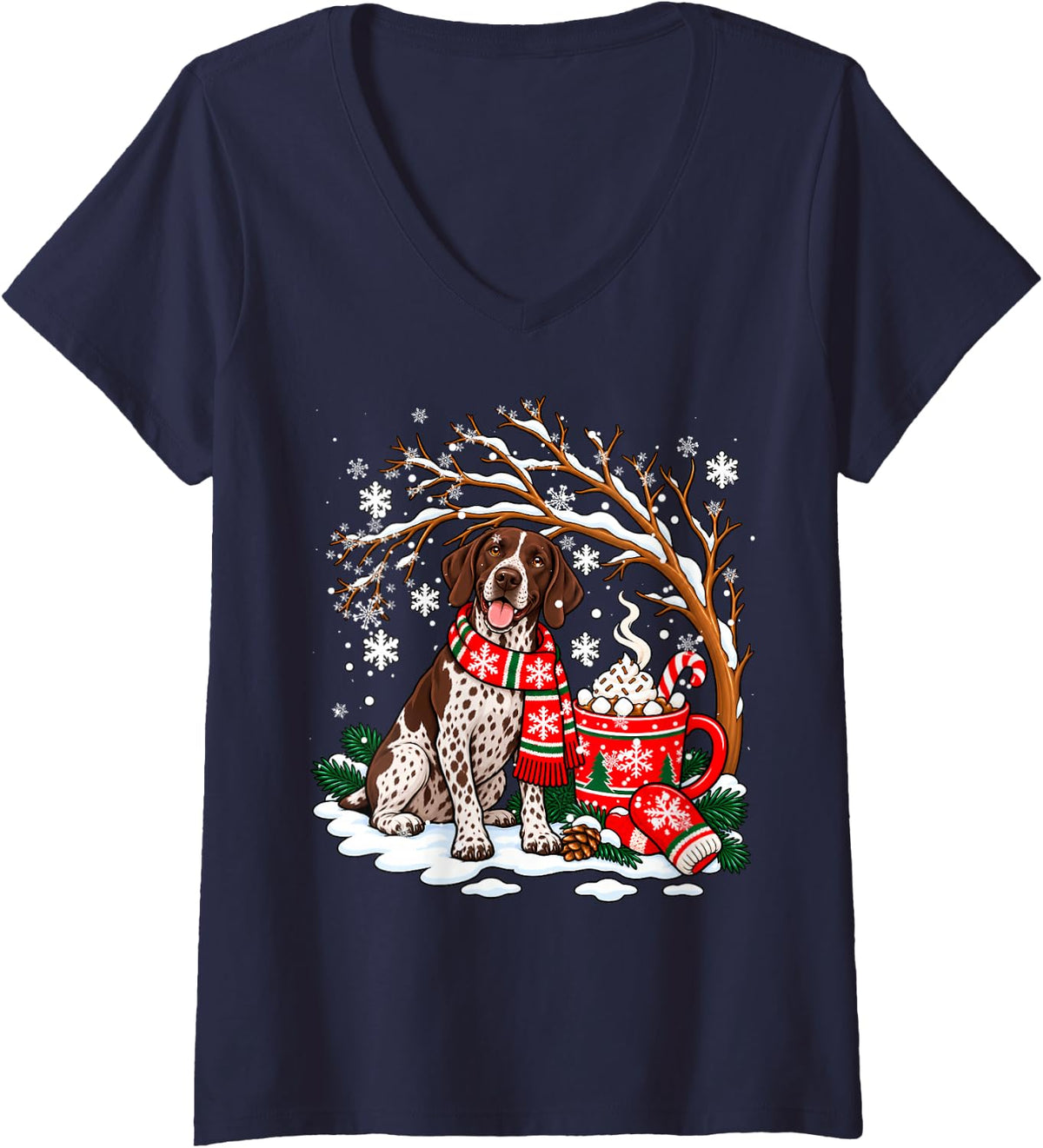 Women's German Shorthaired Pointer Dog Snow Tree Christmas Xmas V-Neck T-Shirt - Navy Blue
