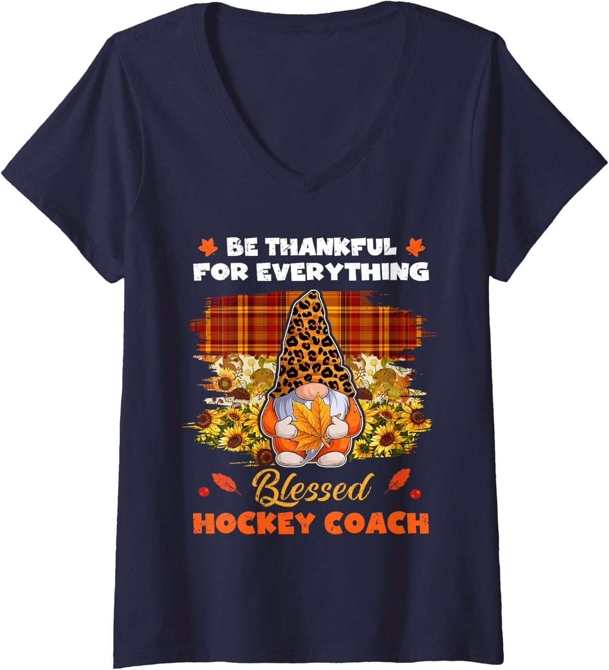 Women's Thankful Blessed Hockey Coach Gnome Thanksgiving V-Neck T-Shirt - Navy Blue