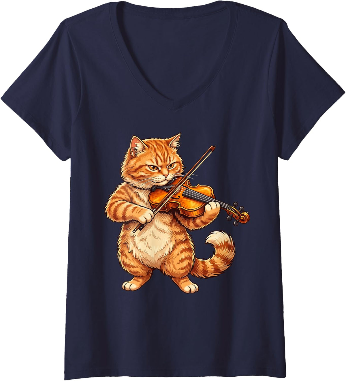 Women's Grumpy Orange Tabby Cat Playing Violin Funny Violinist V-Neck T-Shirt - Navy Blue