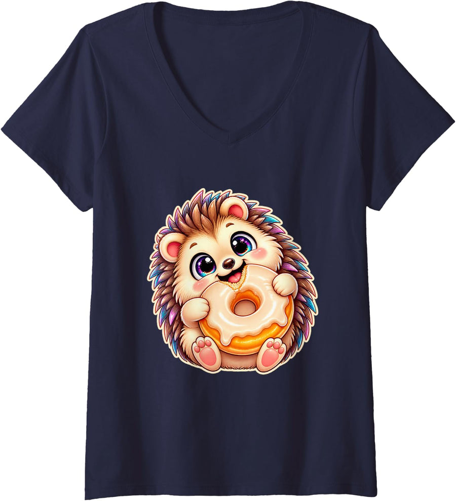 Women's Hedgehog with a Vanilla Glazed Donut V-Neck T-Shirt - Navy Blue