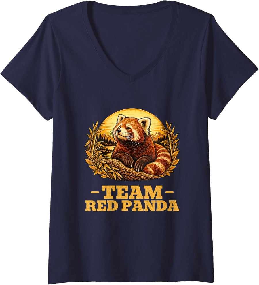 Women's Team Red Panda Vintage Wildlife Retro Animal Lover V-Neck T-Shirt - Navy Blue