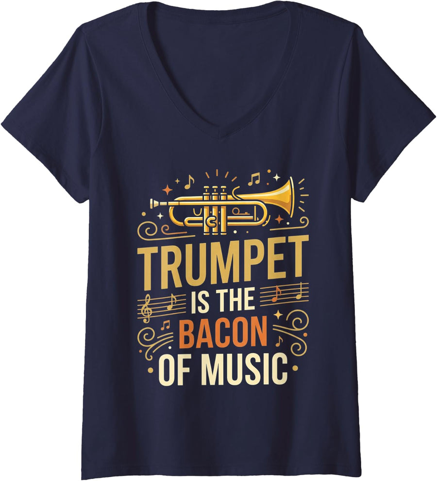 Women's Trumpet is Bacon of Music Trumpet Player Musician Trumpeter V-Neck T-Shirt - Navy Blue