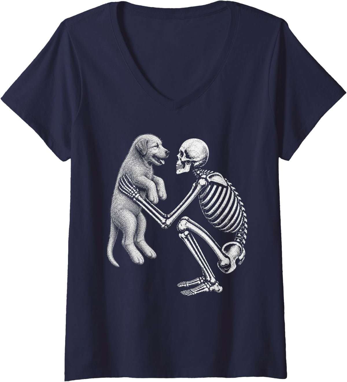 Women's Skeleton Holding Irish Wolfhound Retro Halloween Dog V-Neck T-Shirt - Navy Blue