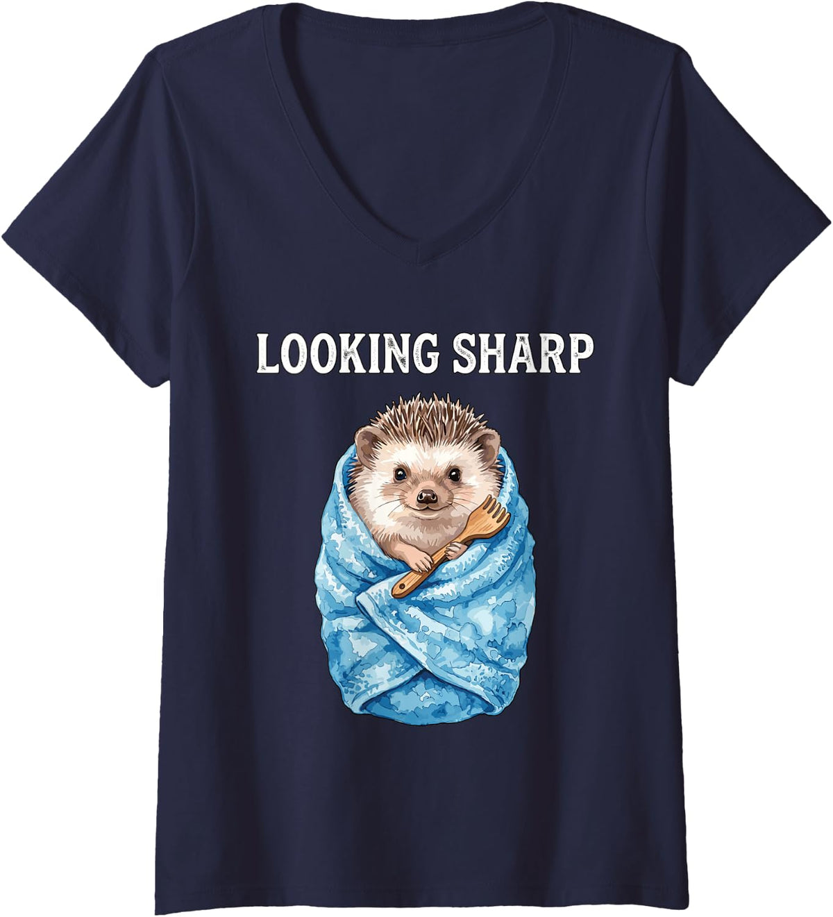 Women's Looking Sharp Funny Hedgehog Spa Bath Animal Humorous Puns V-Neck T-Shirt - Navy Blue
