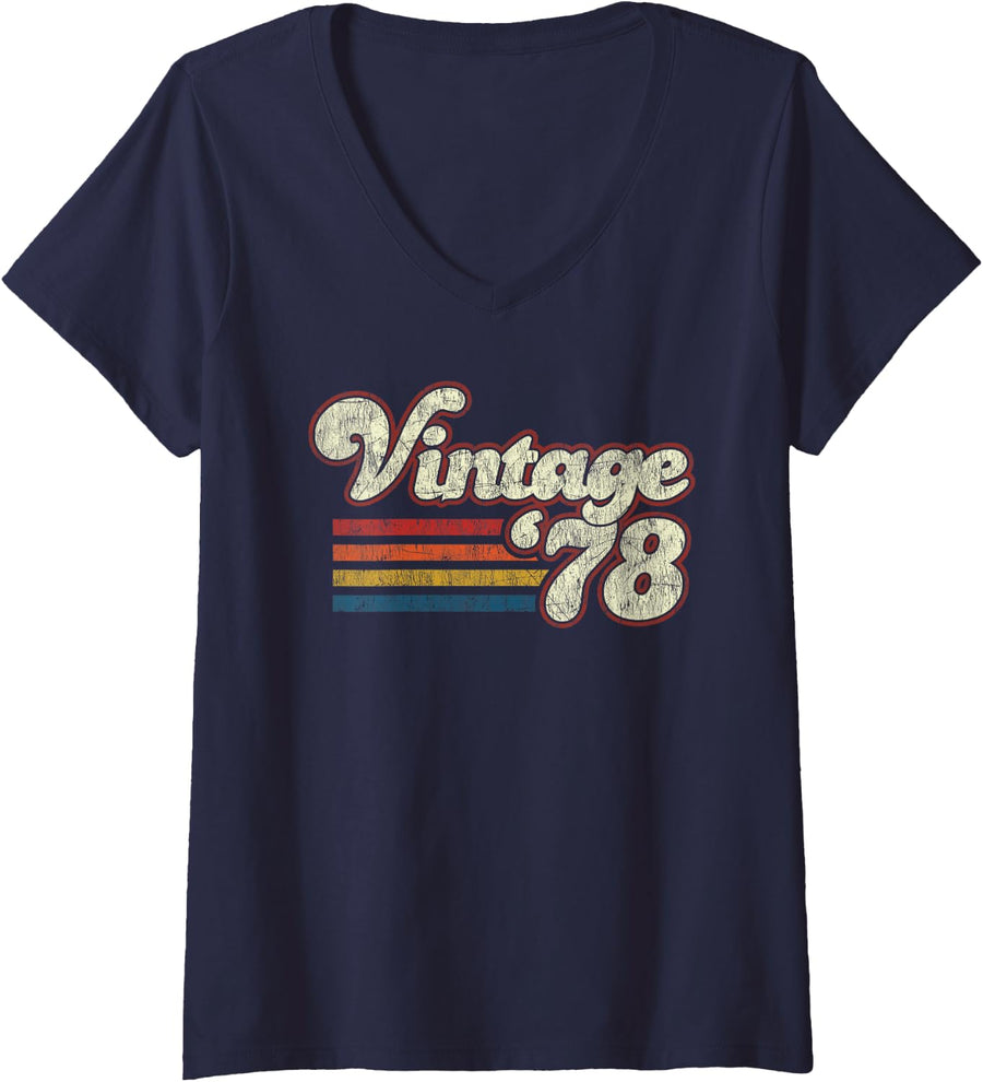 Womens Retro Vintage 1978 44 Birthday V-Neck T-Shirt - Navy Blue