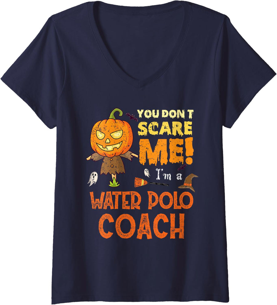 Women's Halloween You Don't Scare Water Polo Coach Funny V-Neck T-Shirt - Navy Blue