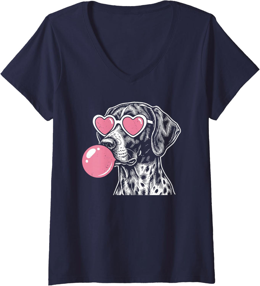 Women's German Shorthaired Pointer Dog Bubble Gum Pink Sunglasses V-Neck T-Shirt - Navy Blue