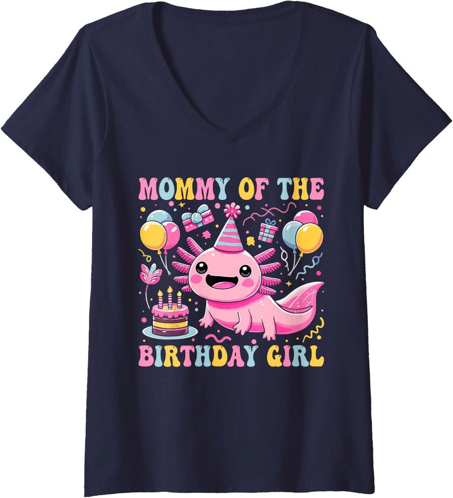 Women's Mommy of the Birthday Axolotl Girl Matching Family Party V-Neck T-Shirt - Navy Blue
