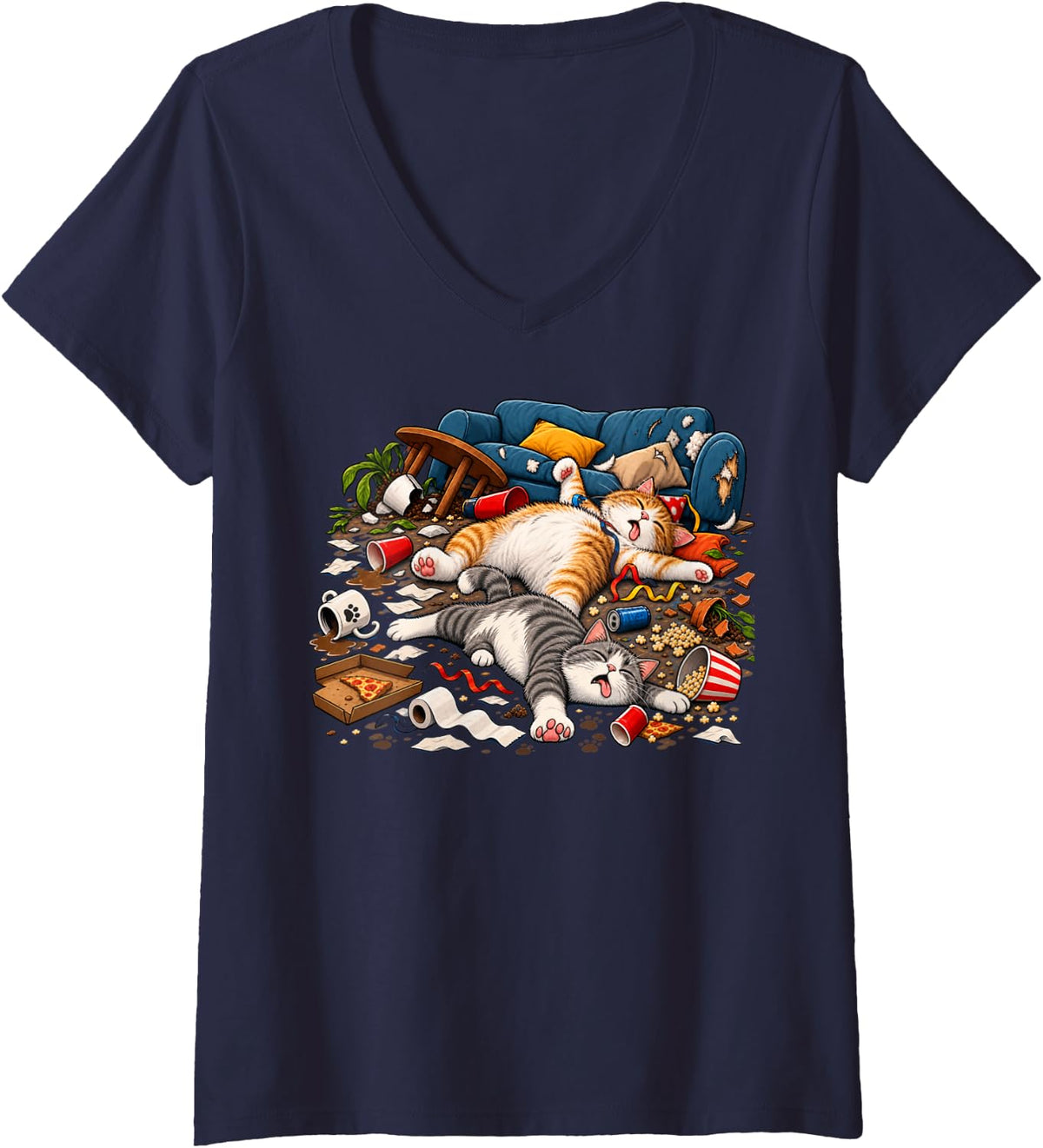 Women's Funny CAT Tabby Pooped Out Tired After Party Humor V-Neck T-Shirt - Navy Blue