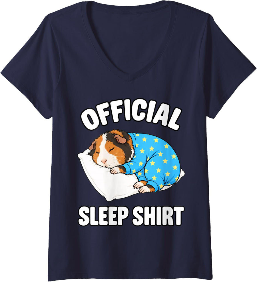 Women's Guinea Pig Sleeping in Pajamas Official Sleepshirt Cute V-Neck T-Shirt - Navy Blue