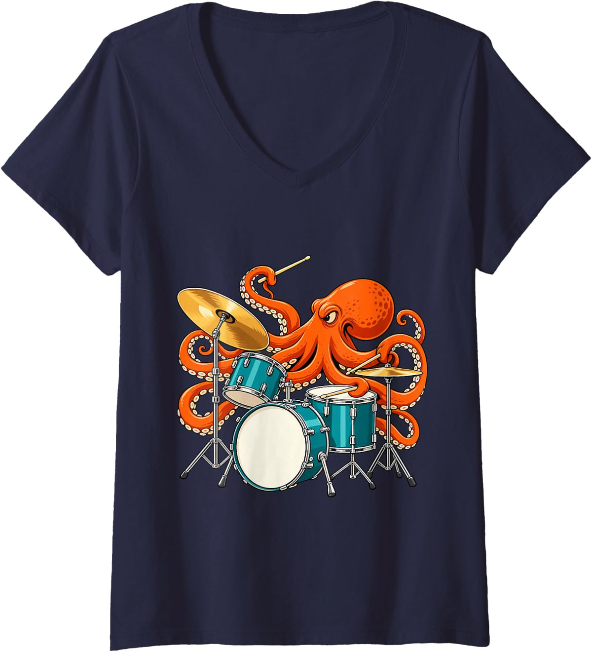 Women's Octopus Drummer Drum Musician Music Lover V-Neck T-Shirt - Navy Blue