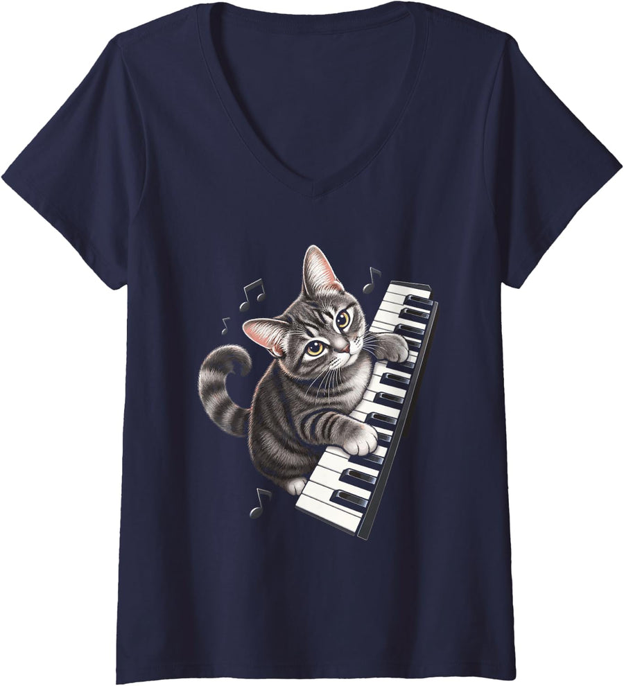 Women's Musical Tabby Cat Piano Player V-Neck T-Shirt - Navy Blue