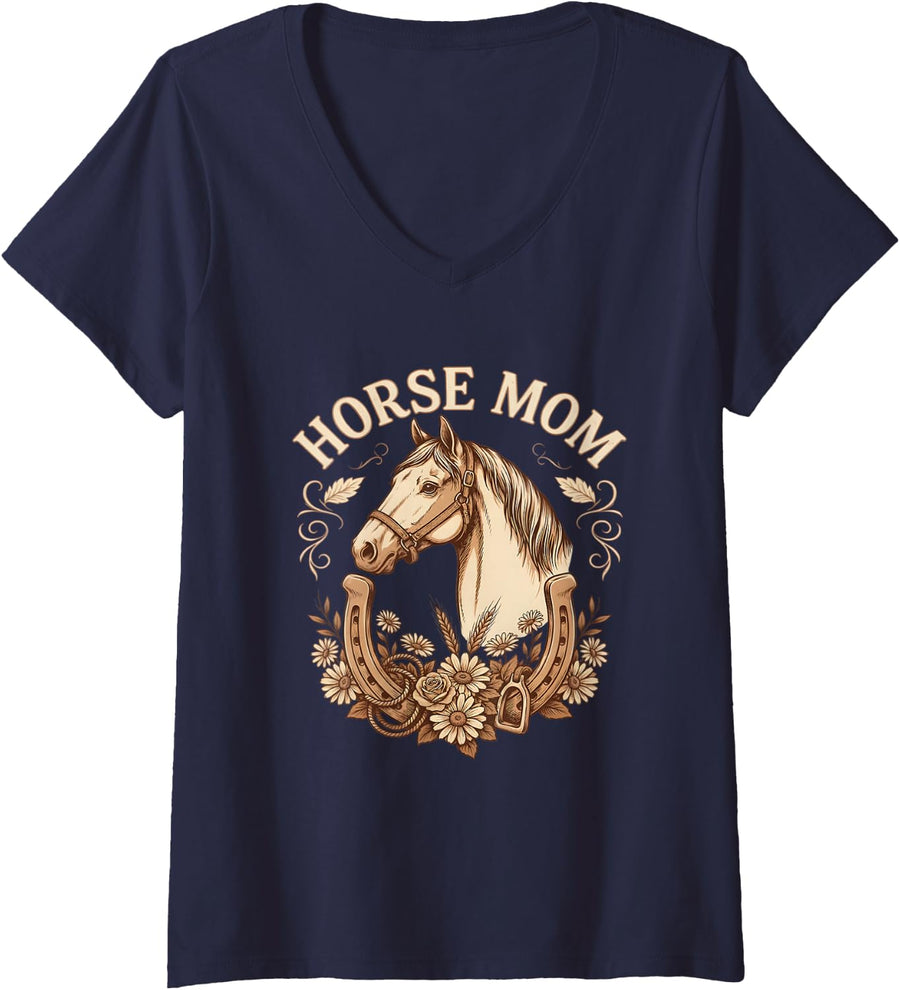 Women's Horse Mom Horse Lover Equestrian V-Neck T-Shirt - Navy Blue