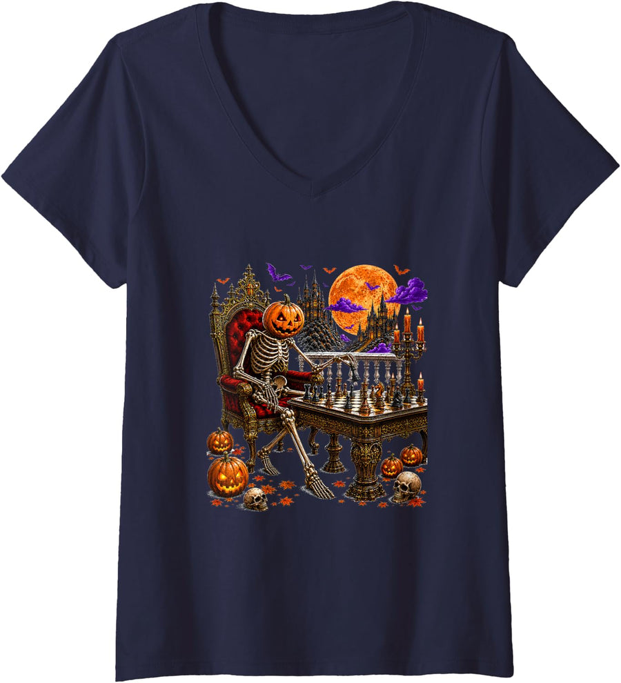 Women's Chess Player Costume Halloween Horror Skeleton Lover V-Neck T-Shirt - Navy Blue