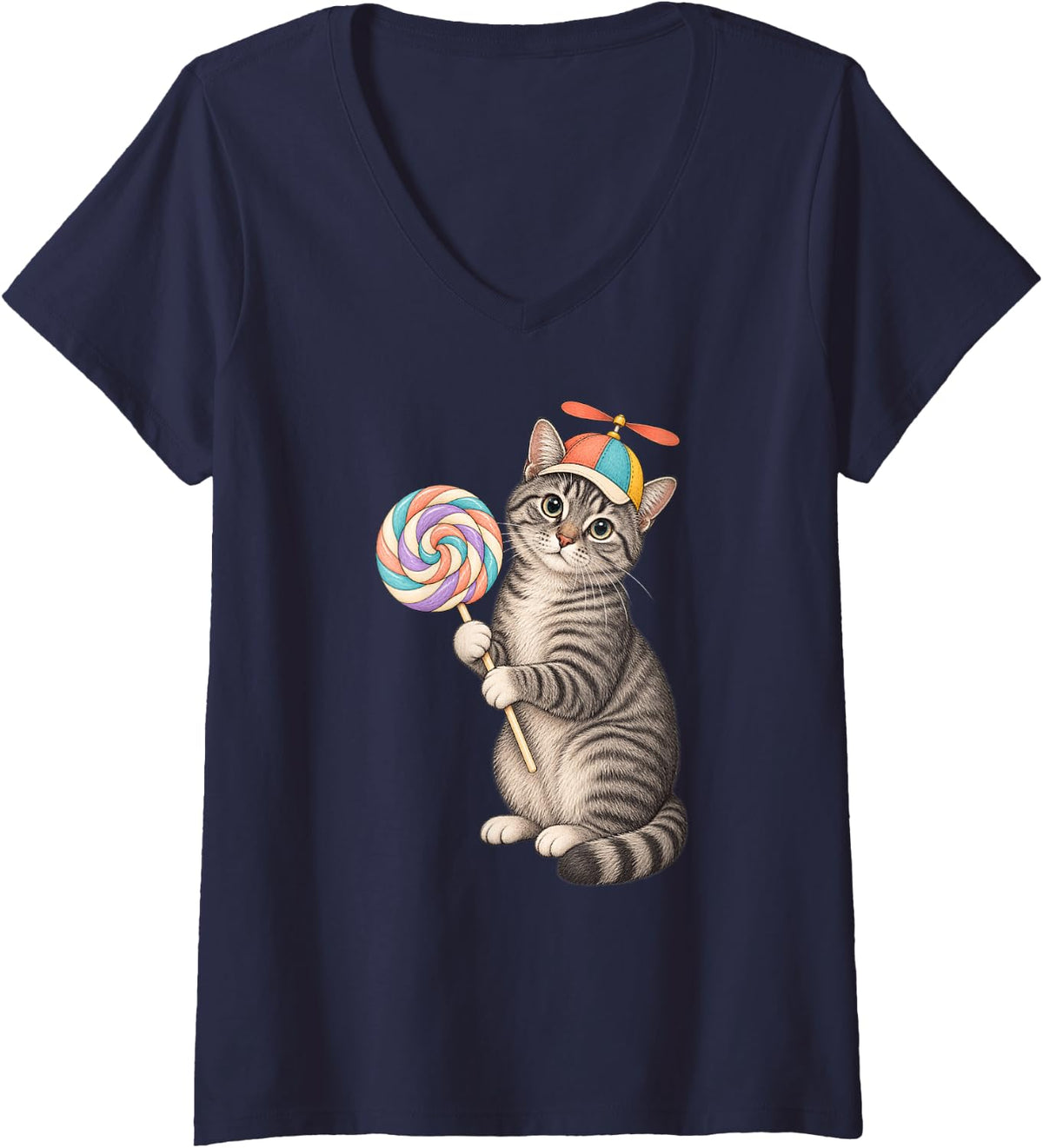 Women's Funny Tabby Cat with Lollipop Propeller Hat for Kids V-Neck T-Shirt - Navy Blue