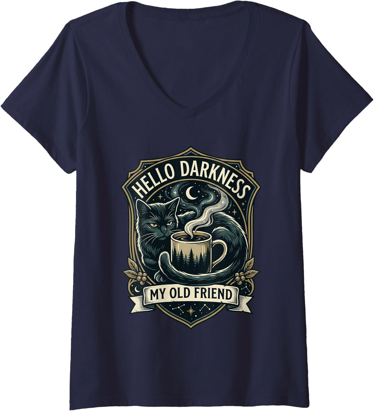 Women's Hello Darkness My Old Friend Vintage Black Cat Coffee Badge V-Neck T-Shirt - Navy Blue