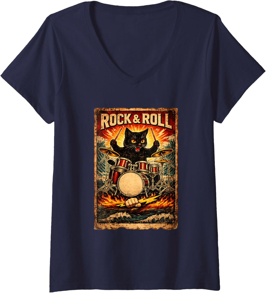 Women's Black Cat Playing Drums Rock Vintage Rocker Drummer Cat V-Neck T-Shirt - Navy Blue