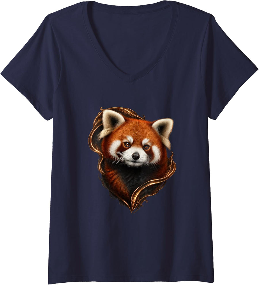 Women's Red Panda with Molten Bronze Curves Forest Animal Art V-Neck T-Shirt - Navy Blue