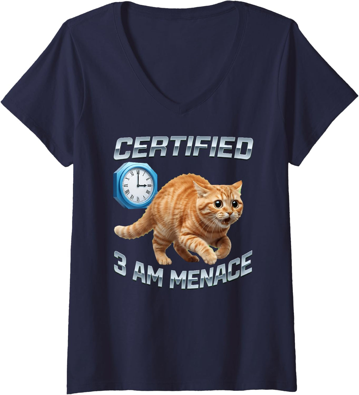 Women's 3 Am Menace Cat Funny Humor Meme Orange Tabby Lover V-Neck T-Shirt - Navy Blue