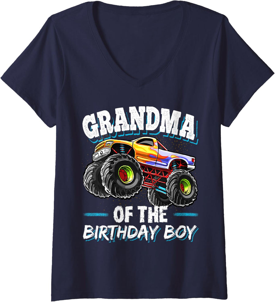 Womens Grandma of the Birthday Boy Monster Truck Birthday Party V-Neck T-Shirt - Navy Blue