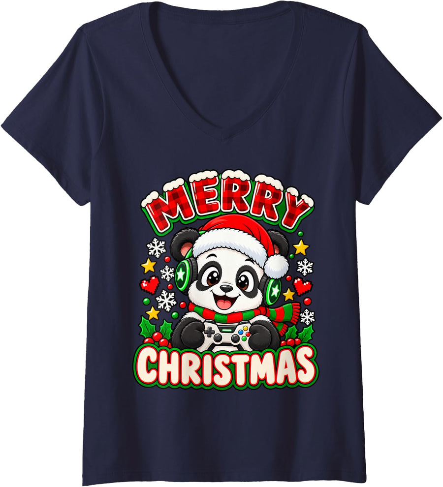 Women's Merry Christmas Festive Panda Gamer Holiday Graphic V-Neck T-Shirt - Navy Blue